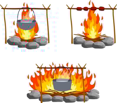 Fire with branches and stones. Cartoon flat illustration. Cooking in the campaign. Campfire with pot. Boiling water and food preparation in camp vector
