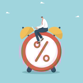 Hard work to pay interest on loans or mortgages, time is money, hourly wages, receiving percentage of sales, distribution of working time, productivity, man with a laptop on the clock with a percent. vector