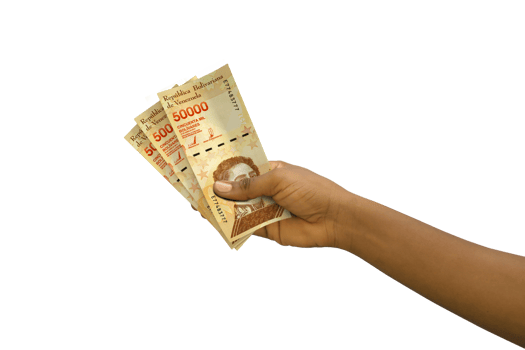 Fair hand holding 3D rendered Venezuelan bolivar notes isolated on transparent background png