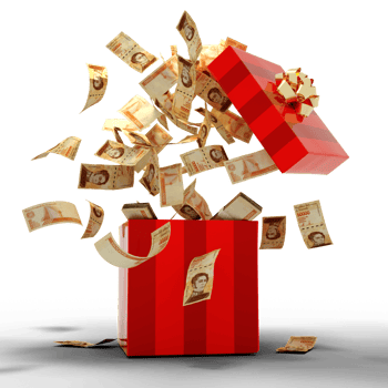 3D rendering of A lot of 20000 venezuela Bolivares notes coming out of an opened red gift box png