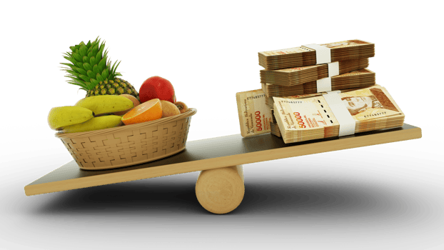 Inflation in Venezuelan, Weighing Venezuelan currency against foodstuffs, high cost of living, 3d rendering png