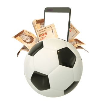 3d rendering of Venezuelan bolivar notes and phone behind soccer ball. Sports betting, soccer betting concept isolated on transparent background. mockup png