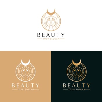 Beauty vector logo design. Woman face with crescent logotype. Cosmetics and beauty industry logo template.