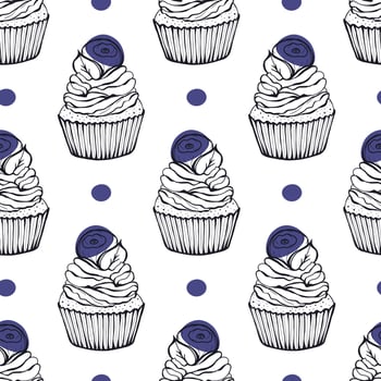 Seamless pattern with blueberry dessert. Doodle hand drawn blueberry cupcake with cream and berries in a seamless pattern on a white background vector