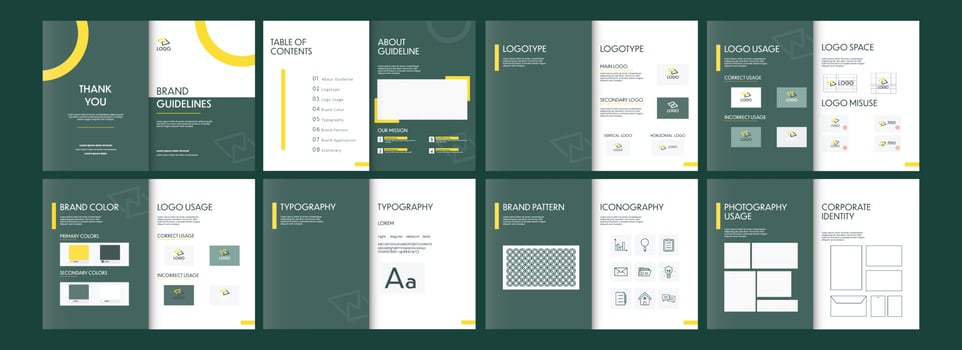 Brand Guidelines Templates Layout, Brand Book, Corporate Identity, Guide Book Presentation Against Teal Green Background. vector