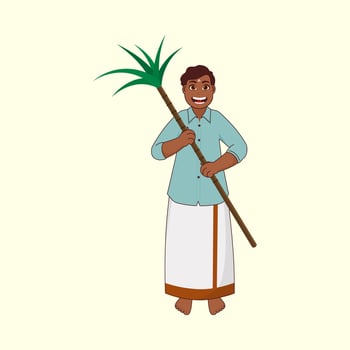 Cheerful South Indian Man Holding Sugarcane On Pastel Yellow Background. vector