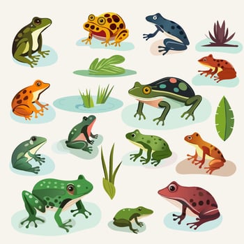 Set Of Different Types Frog Character With Leaves Element. vector