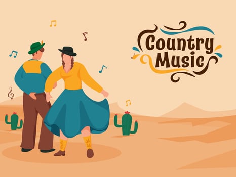 Country Music Poster Design With Faceless Cowboy And Cowgirl Performing Dance On Cactus Sand Landscape Background. vector