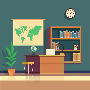 Study Room or Classroom Interior View With Desk, Table Lamp, Laptop, Earth Globe Stand, Bookshelves, Plant Pot, Wall Clock And World Map Illustration. vector