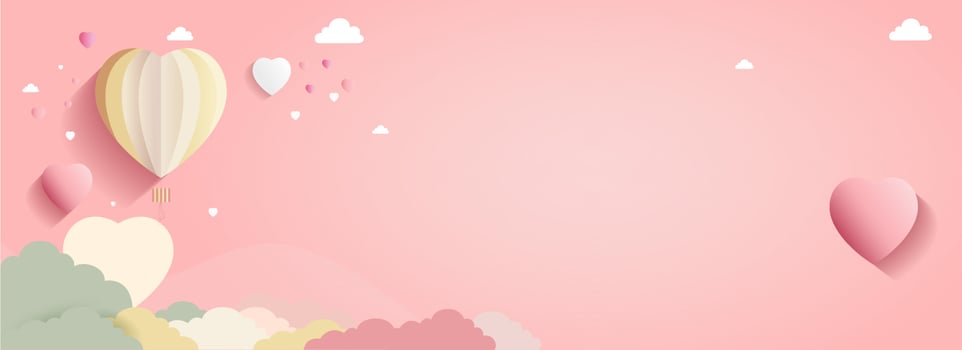 3D Render, Colorful Paper Heart Shape Balloons With Clouds On Pastel Pink Background And Copy Space. vector