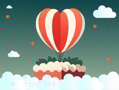 Illustration Of Heart Shape Hot Air Balloons, Clouds On Green And White Backgorund And Copy Space. Love Or Valentine's Day Concept. vector