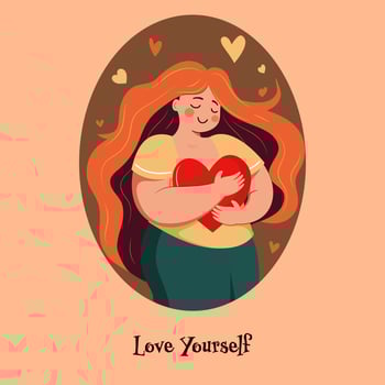 Vector Illustration of Young Girl Character Hugging A Red Heart On Orange And Brown Background For Love Yourself.