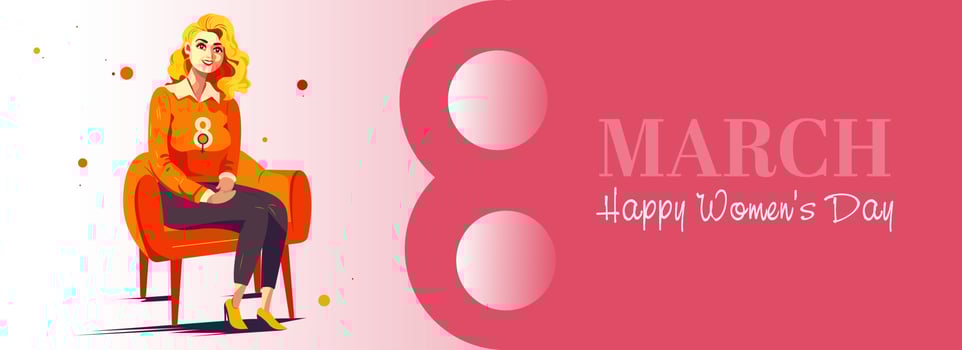 8 March, Happy Women's Day Concept With Cheerful Fashionable Young Girl Character Sitting At Armchair On Pink And White Background. vector