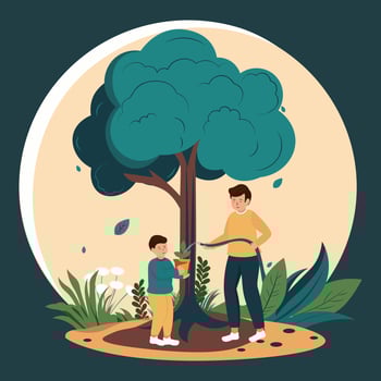 Young Man And Boy Character Pouring Water To Plants From Water Hose On Teal Blue Nature Background. vector