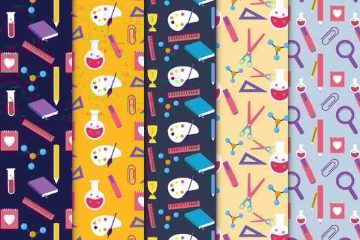 Educational endless pattern decoration set design with pencil, test tube, notebook, etc. Study backdrop pattern collection for wallpaper, book cover, and background. Science pattern texture bundle. vector