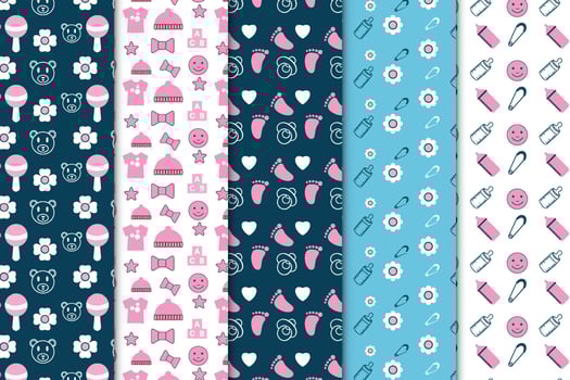 Seamless childish pattern collection with baby toys, heart shapes, and baby feeder icons. Endless baby pattern bundle decoration with dark and white backgrounds. Minimal childish pattern set vector. vector