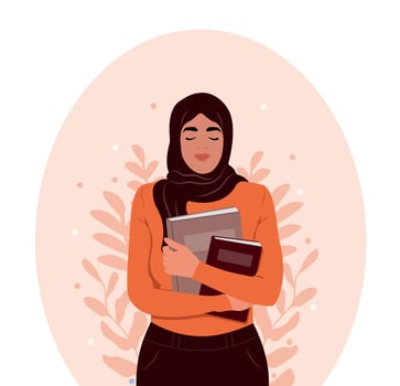 Happy muslim girl student with book. Vector illustration in cute cartoon style.