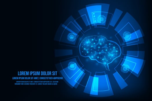 Vector artificial intelligence concept. Blue light glowing connection hologram brain.