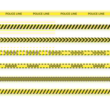 Set of police yellow tape. danger zone with line barrier. Warning strip. Vector