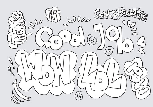 Hand drawn arrows, borders set with handwritten text good job,wow,lol,pow,hi,thank's,congratulation. Vector icon.