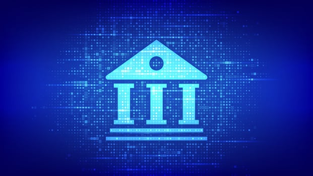 Banking service background. Bank building icon made with currency symbols. Dollar, euro, yen and pound icons. Background with currency signs. Bank financing, money exchange. Vector illustration.