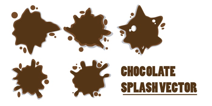 set of flat vector hot chocolate, cocoa or coffee, melted, splashes with drops, lumps, spots. Consuming liquid dessert, advertising product, splash design element for promo