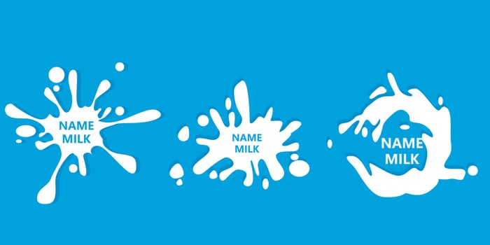set of flat vector fresh milk, melted, splashes with drops, lumps, spots. Consuming liquid dessert, advertising product, splash design element for promo