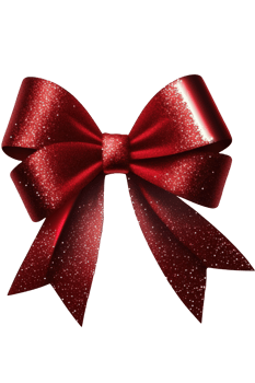 A sparkling red bow ribbon, made of glittering material, is shown against a clear, see-through background in this image. png