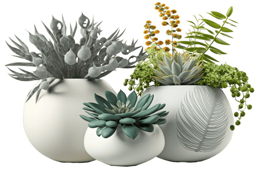 This image showcases a collection of stunning plants in beautiful ceramic pots, all set against a clear and transparent background. png