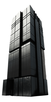 A stunning, towering skyscraper looms tall against the dark night sky, the stars twinkling above. png