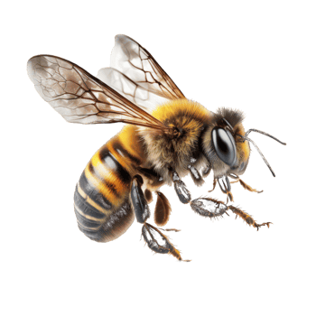 The image depicts a beautifully detailed bee in mid-flight, set against a clean and clear background. png
