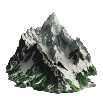 Transparent mountains loom tall and proud against a clear backdrop, their detailed peaks and valleys standing out in a stunningly realistic display. png