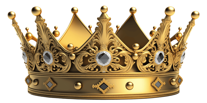 A regal and elegant golden crown hangs in mid-air against a pure and crystal-clear background, exuding a sense of supremacy and majesty. png
