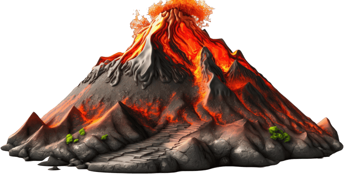 A lifelike volcano floats on a clear background, with lava flowing down its sides and smoke billowing from its summit. png
