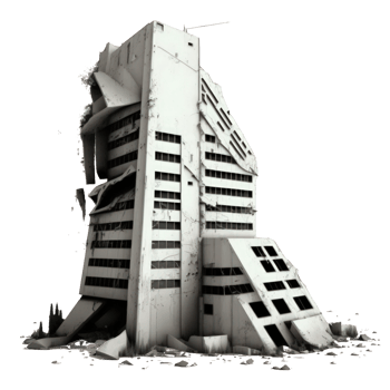A hauntingly beautiful image depicting a post apocalyptic world where towering skyscrapers stand in ruins against a transparent background. png