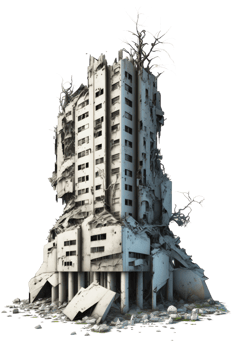 This image depicts ruined skyscrapers in a post-apocalyptic setting, set against a transparent background. png