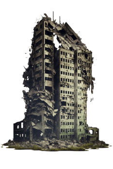 The image shows a post-apocalyptic scene of ruined skyscrapers, towering eerily against a transparent background. png