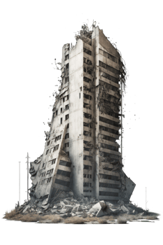 The image depicts a series of ruined skyscrapers that appear to have been devastated by some catastrophic event, standing tall against a transparent background. png