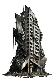 The image showcases a hauntingly beautiful view of ruined skyscrapers, depicting a post-apocalyptic setting. png