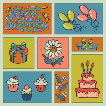 Retro Happy birthday hand drawn vector concept. Elements for birthday party in flatnostalgic style. Perfect for social media, graphic poster, postcard, background, print, fabric pattern, cover