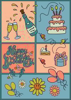 Nostalgic Happy birthday graphic vector concept. Hand drawn elements for birthday party in flat retro style. Ideal for social media, graphic poster, postcard, background, print, fabric pattern, cover