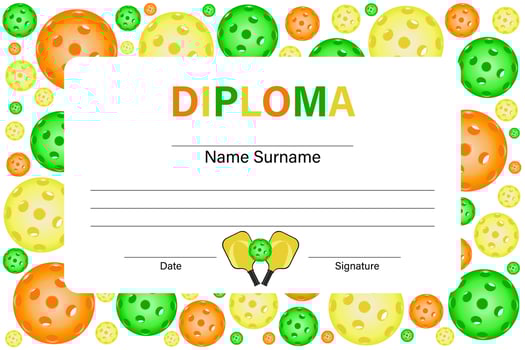 Sports diploma, pickleball game. Template of certificate of participation in sports competitions. Background of multicolored balls. Emblem of pickleball sports club. Vector illustration