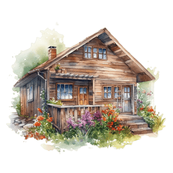 Wooden home watercolor painting, png