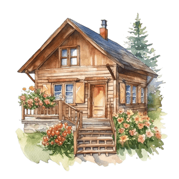 Wooden home watercolor painting, png
