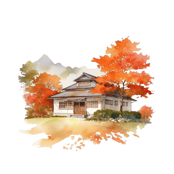 Japanese house with autumn leaves, png