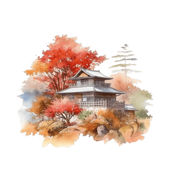 Japanese house with autumn leaves, png