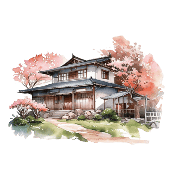 Japanese house with autumn leaves, png