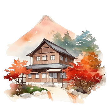 Japanese house with autumn leaves, png