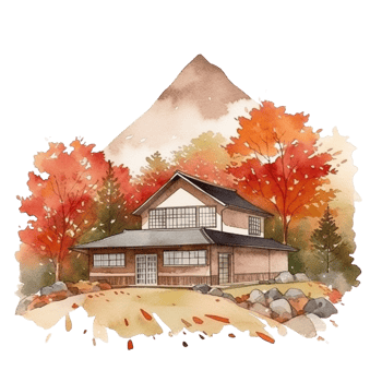 Japanese house with autumn leaves, png