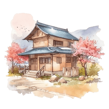 Japanese house with autumn leaves, png